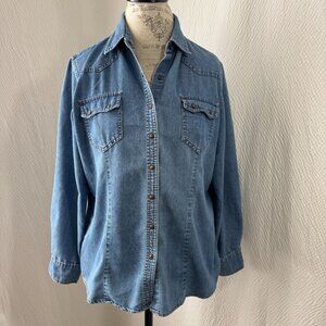 Bit & Bridle Denim Button-Up Western Shirt With Snap Closures & Chest Pockets